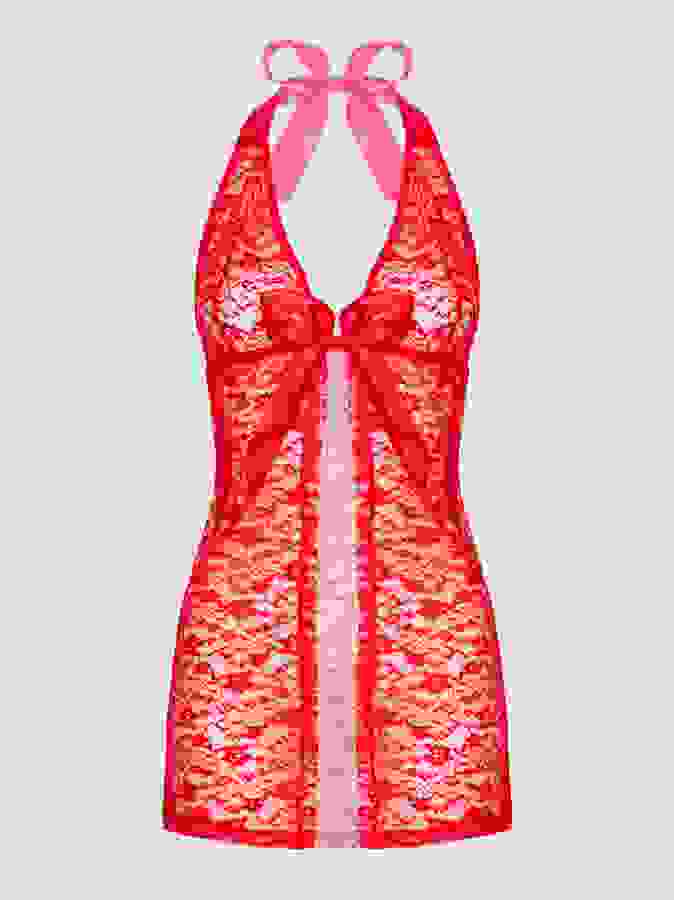 Lovehoney Plus Size Unwrap Me Red Lace Babydoll, Red, hi-res